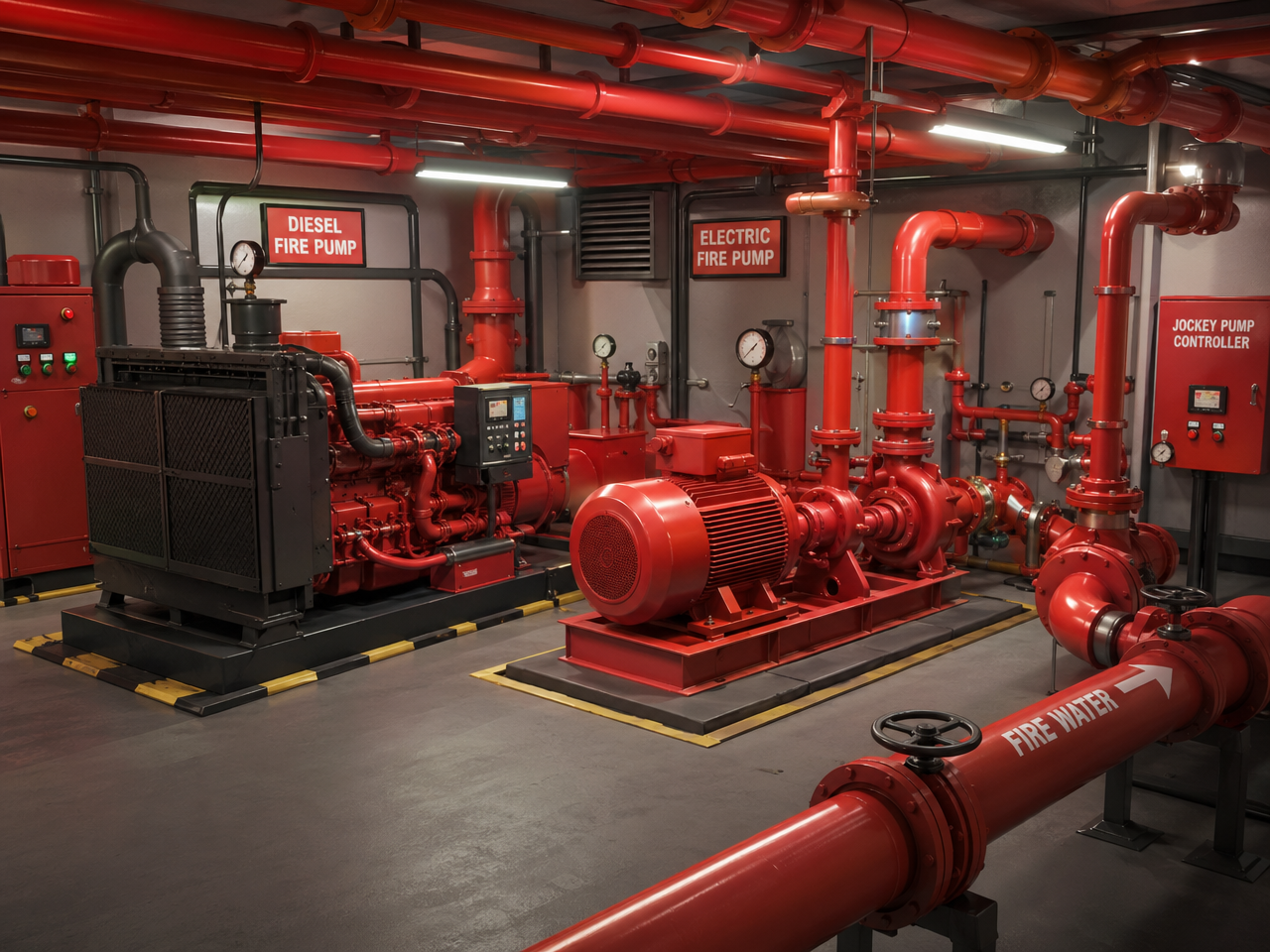 Fire pump room — diesel and electric fire pump with jockey controller