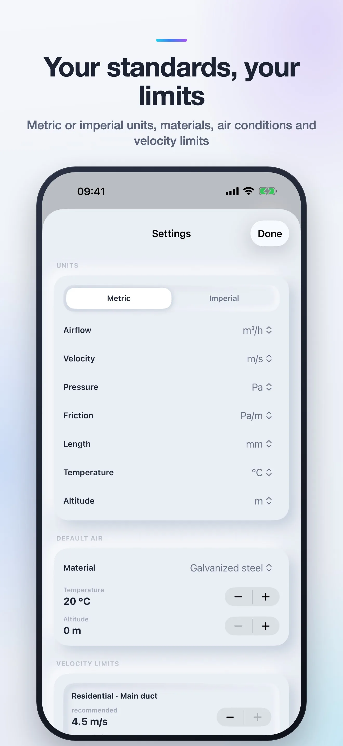 HVAC Duct Flow settings screen: metric or imperial units, duct materials, air conditions and velocity limits