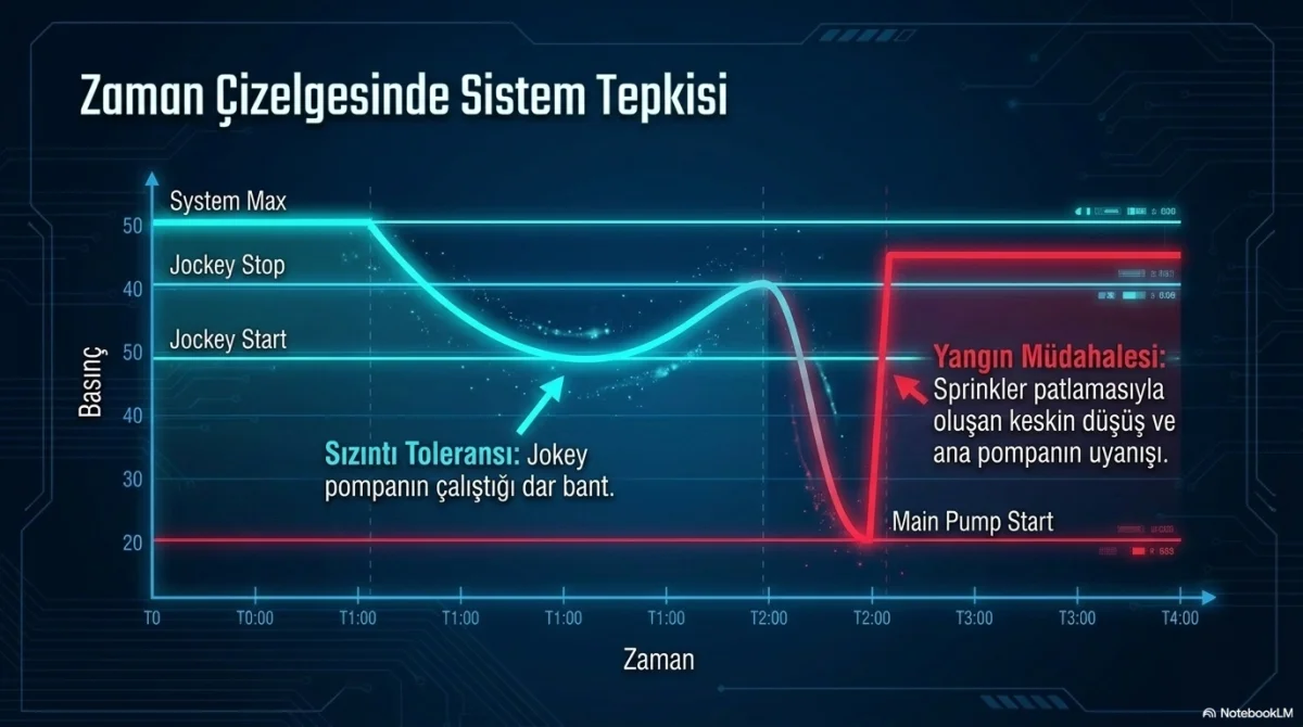 NFPA 20 basınç-zaman çizelgesi: jokey sızıntı bandı ve sprinkler açılınca ana pompanın devreye girmesi