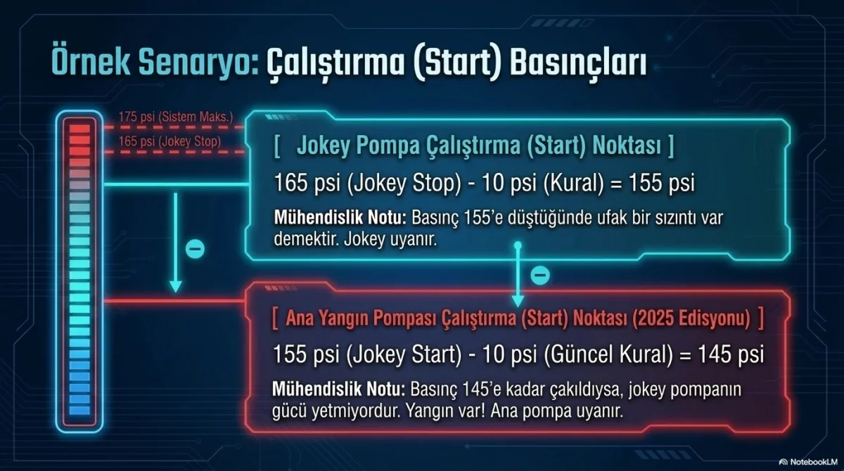 Örnek senaryo çalıştırma basınçları: Jokey Start 155 psi, Ana Pompa Start 145 psi