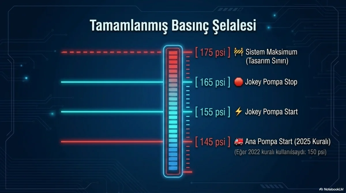 Tamamlanmış NFPA 20 basınç şelalesi: 175 / 165 / 155 / 145 psi kademeleri
