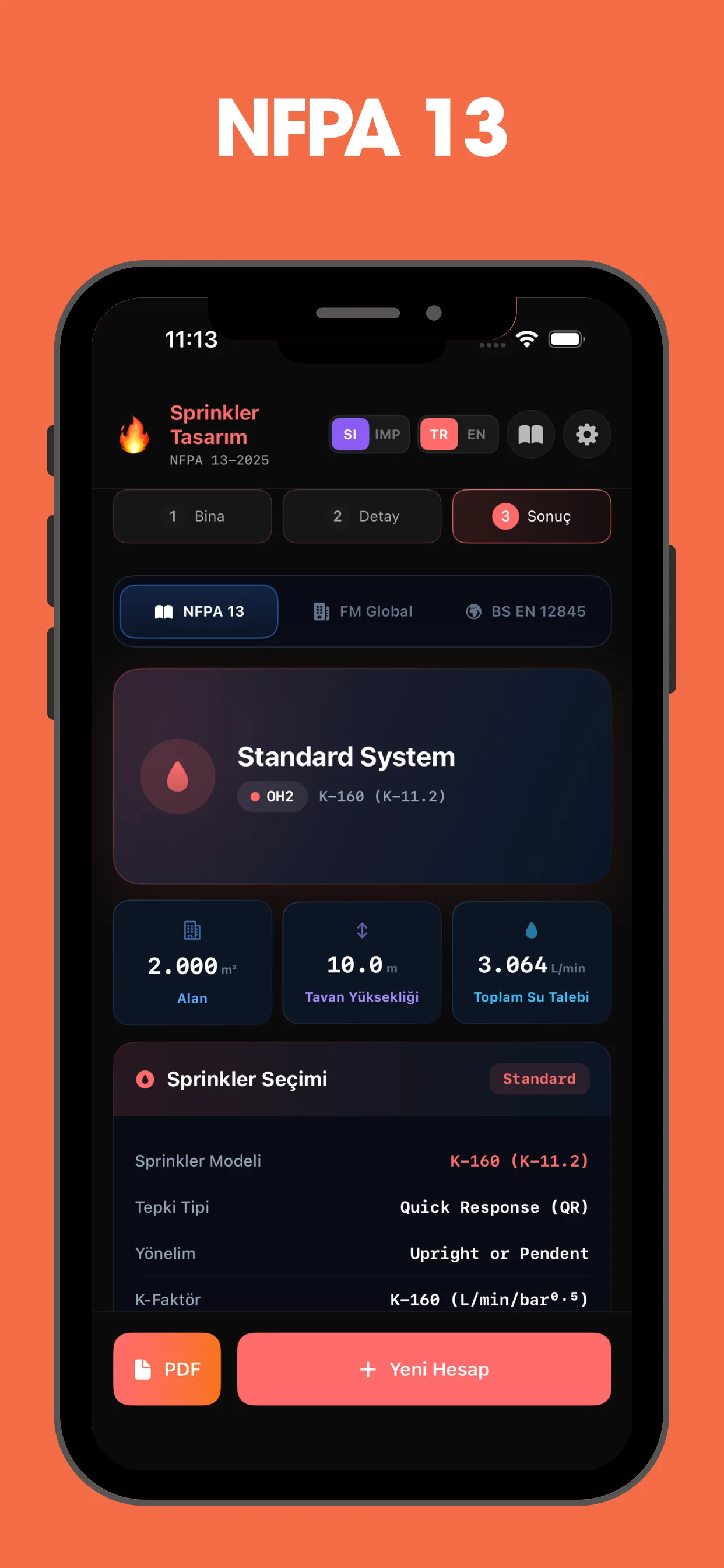 SprinkCalc NFPA 13 sonuc ekrani