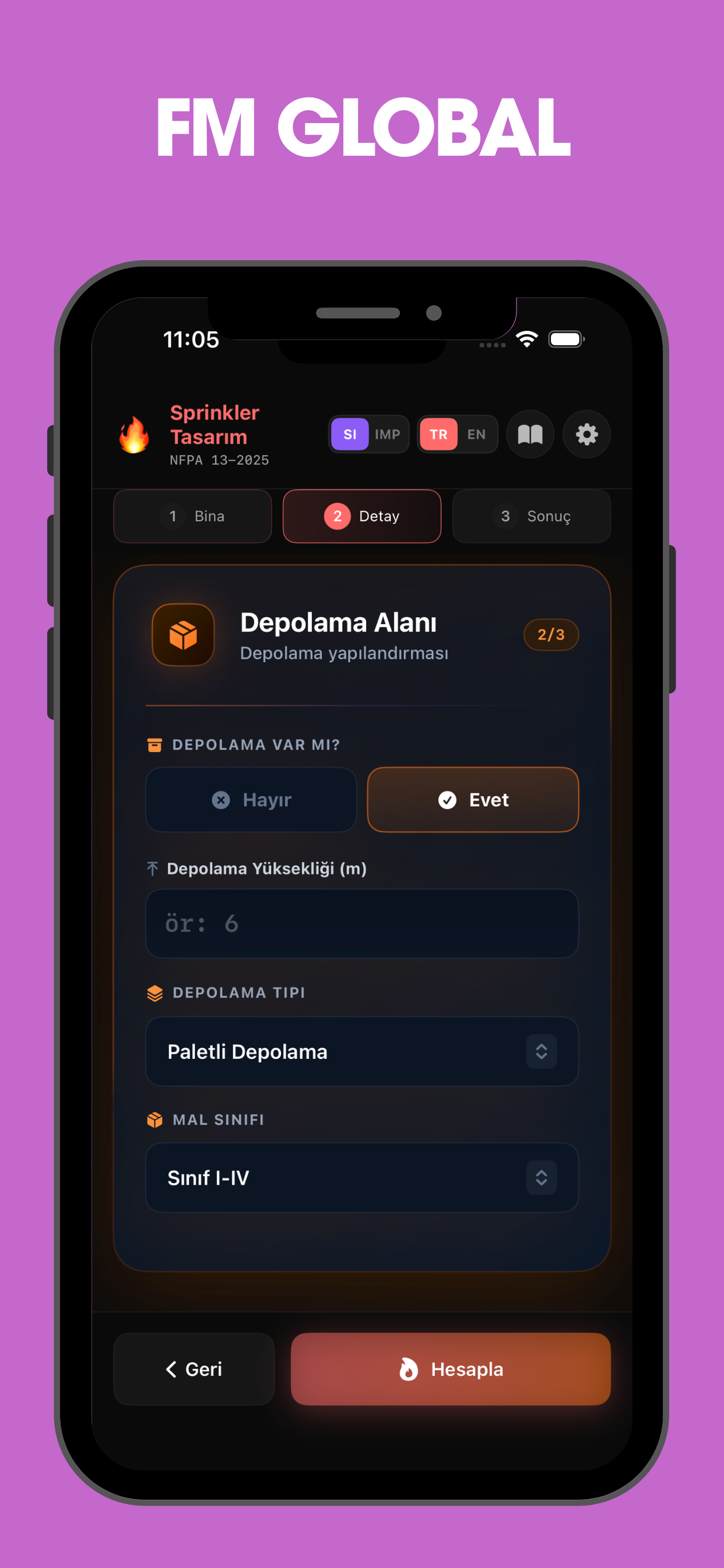 SprinkCalc FM Global depolama ekrani