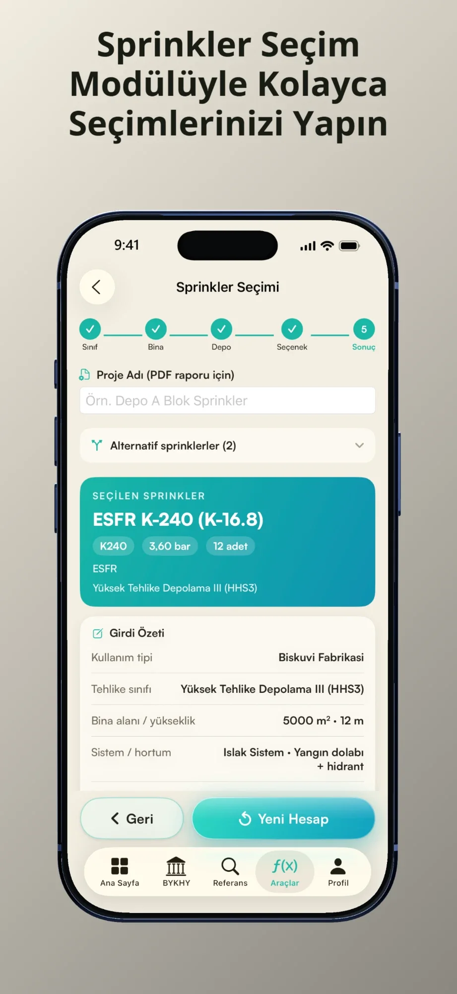 Sprinkler seçimi sonuç ekranı: seçilen sprinkler, K-faktörü, basınç, adet ve girdi özeti