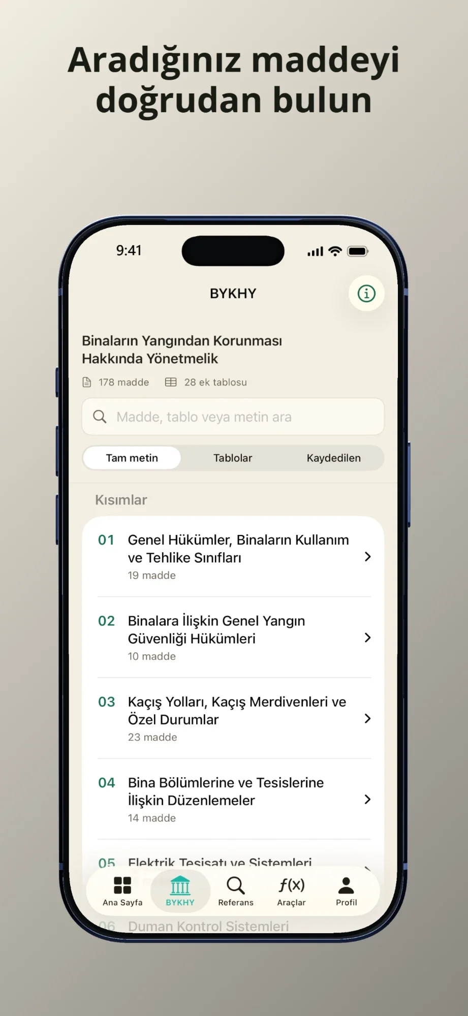 BYKHY tam metin ekranı: kısımlar, arama, tablolar ve kaydedilenler