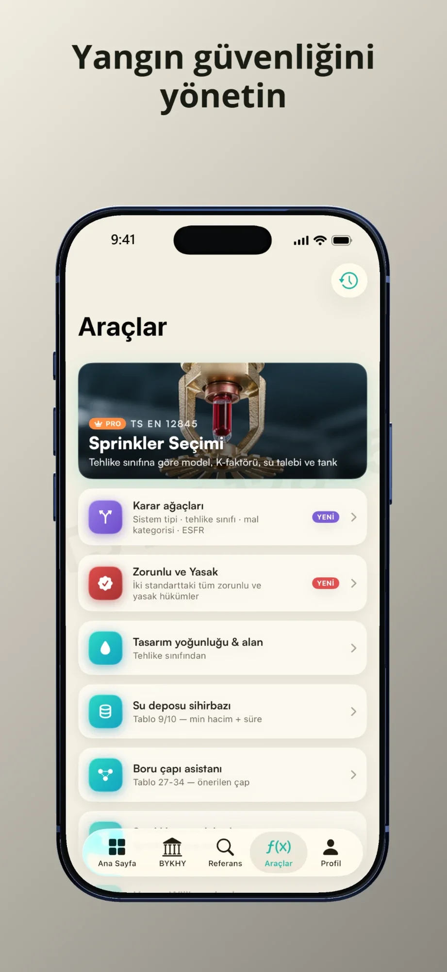 Araçlar ekranı: sprinkler seçimi, karar ağaçları, zorunlu ve yasak, tasarım yoğunluğu, su deposu sihirbazı, boru çapı asistanı